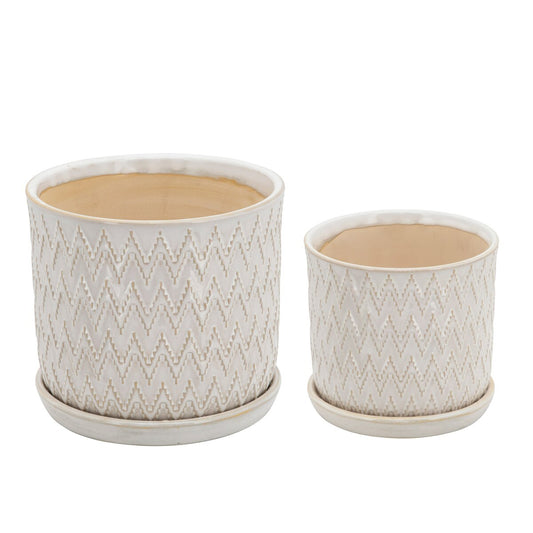 S/2 Chevron Planter 6/8" W/ Saucer, Beige
