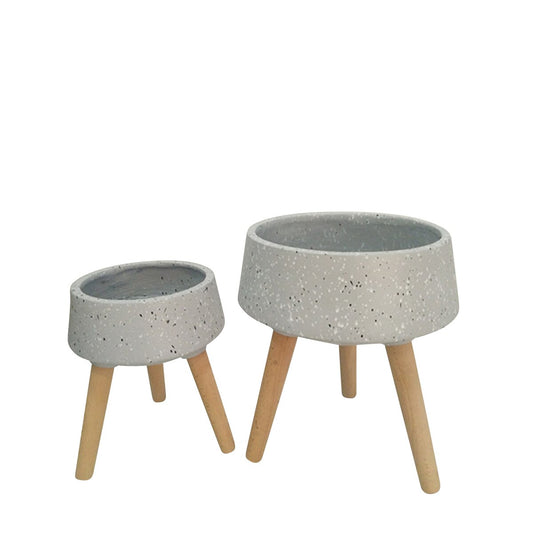 S/2 11/15" Terrazzo Planter W/ Wood Legs, Gray
