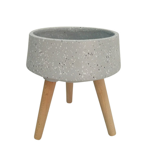 18" Terrazzo Planter W/ Wood Legs, Gray