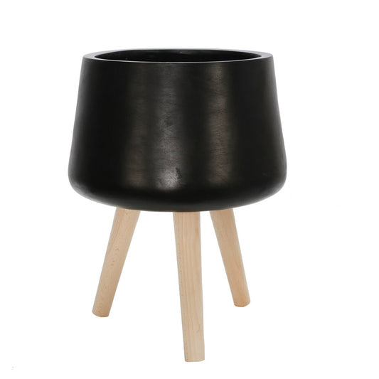 S/2 11/15" Planter W/ Wood Legs, Matte Black