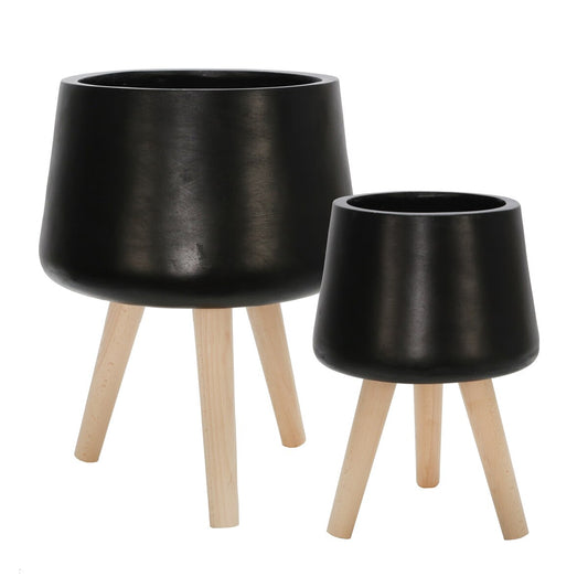 S/2 11/15" Planter W/ Wood Legs, Matte Black