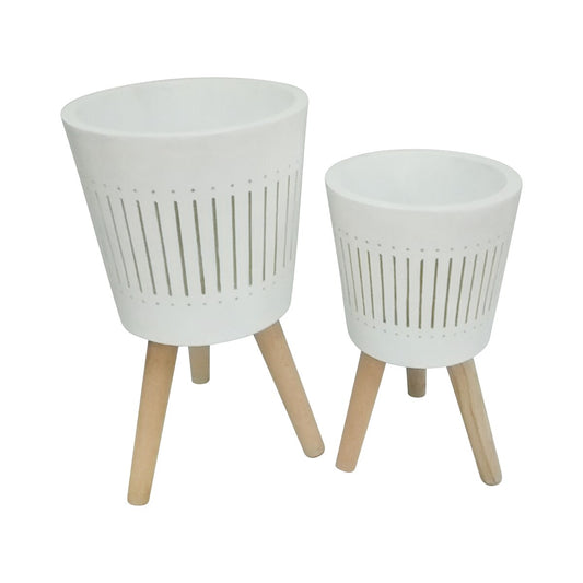 S/2 10/12" Planter W/ Wood Legs, White (kd)