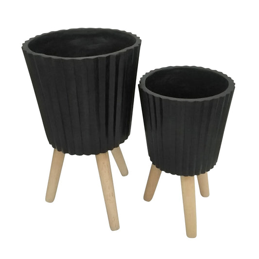 S/2 10/12" Ridged Planter W/ Wood Legs, Black (kd)