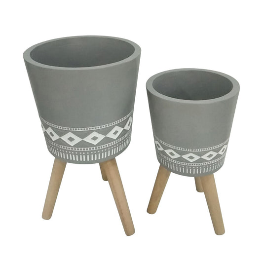 S/2 10/12" Diamond Planter W/ Wood Legs, Gray (kd)