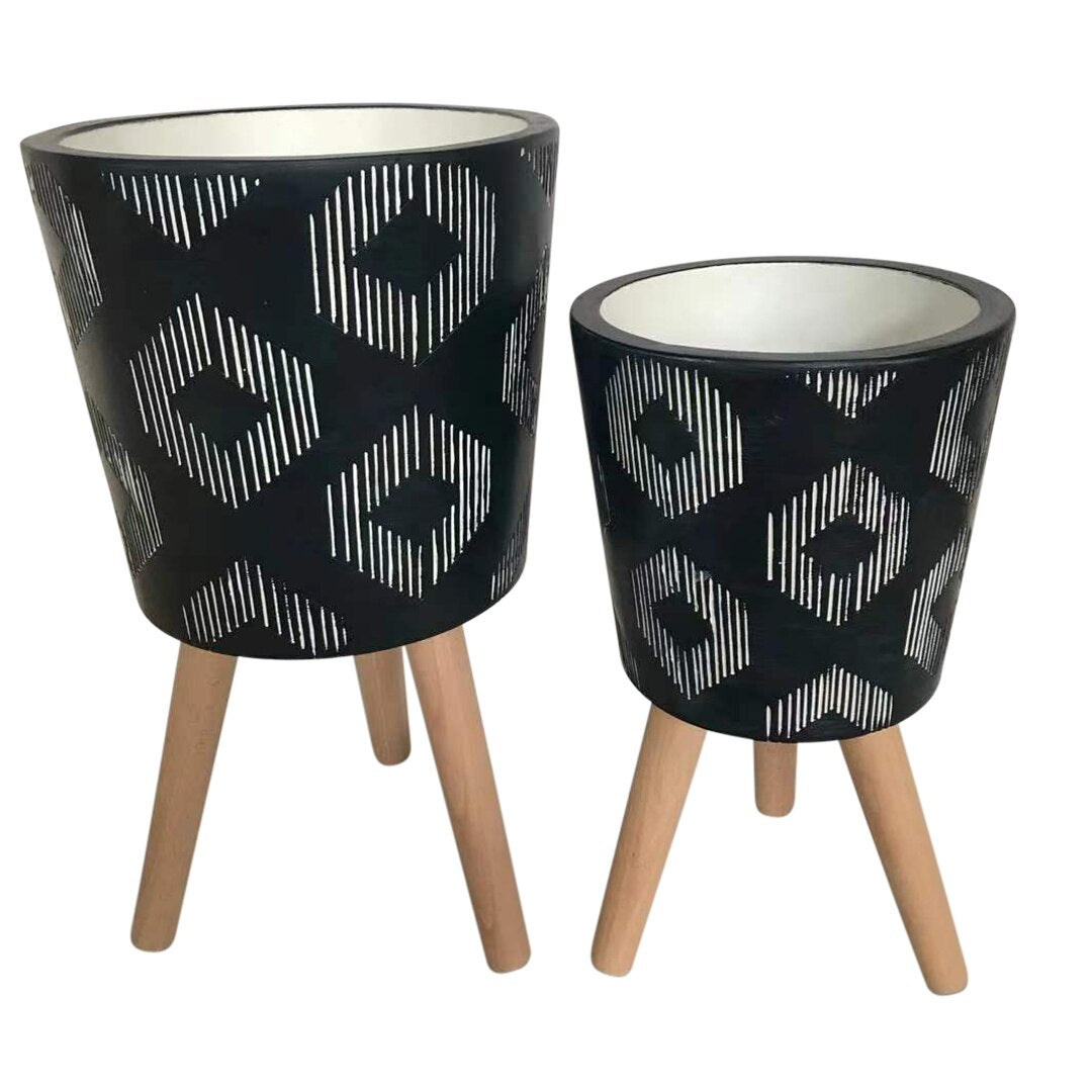 S/2 10/12" Diamond Planter W/ Wood Legs, Black Kd