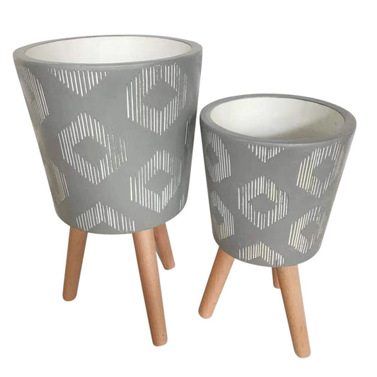 S/2 10/12" Diamond Planter W/ Wood Legs, Gray Kd