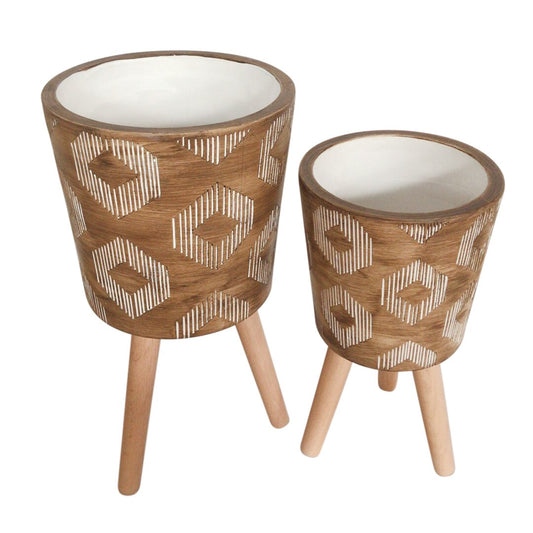 S/2 10/12" Diamond Planter W/ Wood Legs, Brown Kd