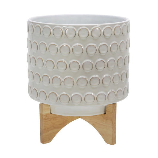 Ceramic 10" Planter On Wooden Stand, Ivory