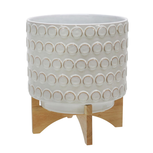 Ceramic 10" Planter On Wooden Stand, Ivory