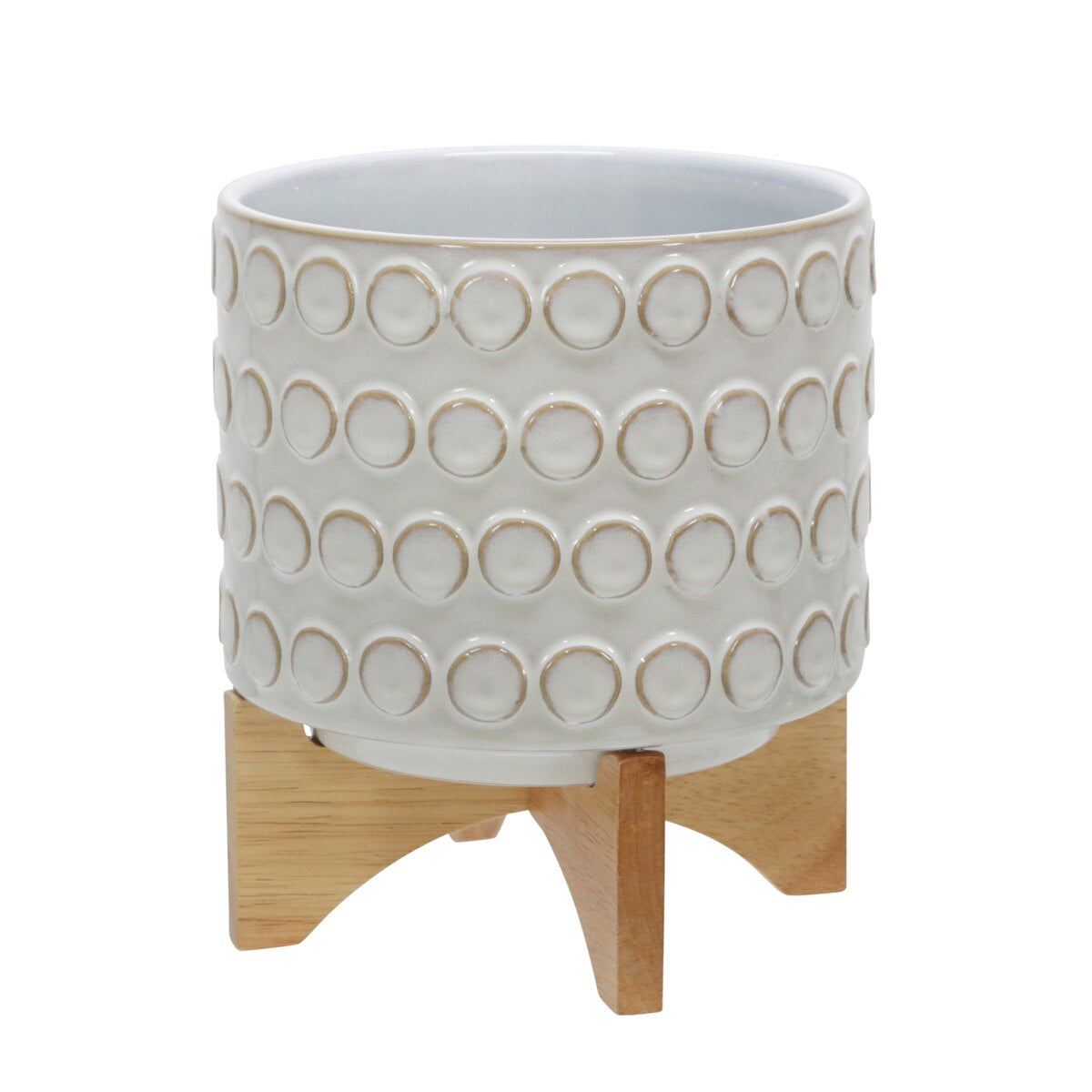 Ceramic 8" Planter On Wooden Stand, Ivory