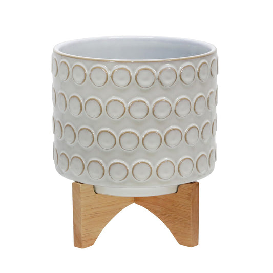 Ceramic 8" Planter On Wooden Stand, Ivory