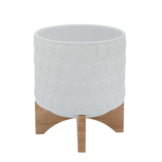 Ceramic 8" Planter On Wooden Stand, White