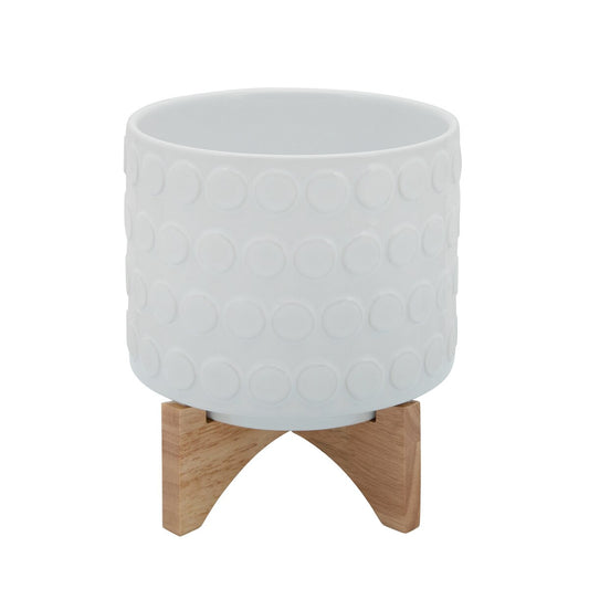 Ceramic 8" Planter On Wooden Stand, White