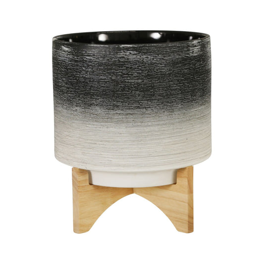 Ceramic 10" Planter On Wooden Stand, Gray