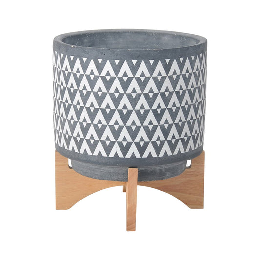 Ceramic 10" Aztec Planter On Wooden Stand, Gray