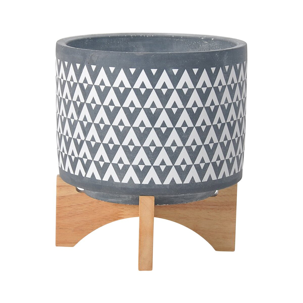 Ceramic 8" Aztec Planter On Wooden Stand, Gray