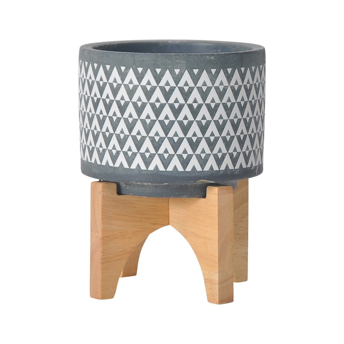 Ceramic 5" Aztec Planter On Wooden Stand, Gray