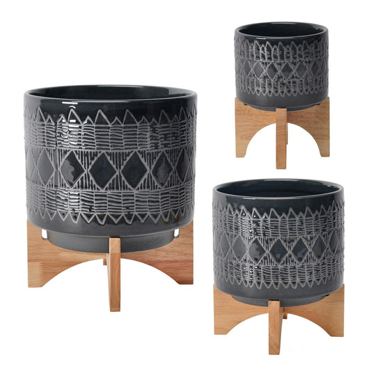 Ceramic 10" Aztec Planter On Wooden Stand, Black