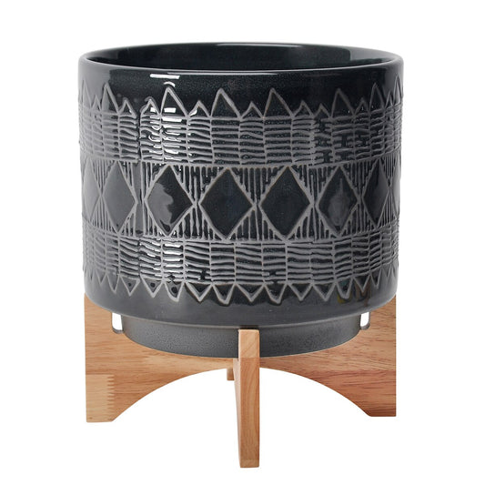 Ceramic 10" Aztec Planter On Wooden Stand, Black