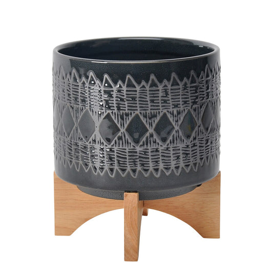 Ceramic 8" Aztec Planter On Wooden Stand, Black