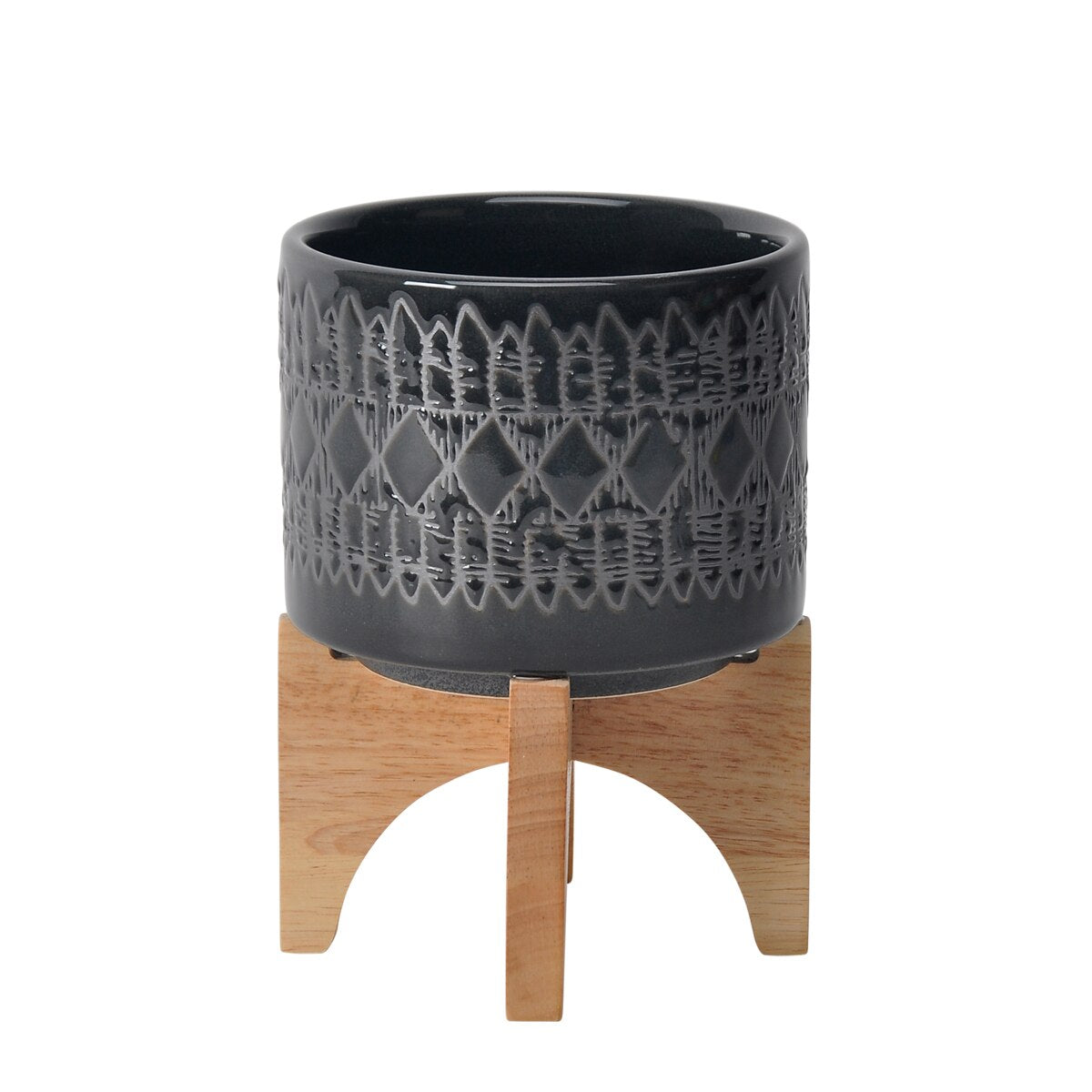 Ceramic 5" Aztec Planter On Wooden Stand, Black