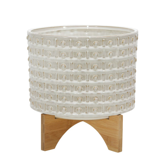 Ceramic 10" Dotted Planter W/wood Stand, Ivory