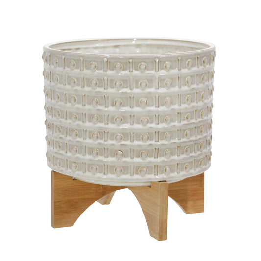 Ceramic 10" Dotted Planter W/wood Stand, Ivory