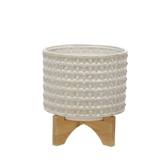 Ceramic 8" Dotted Planter W/wood Stand, Ivory