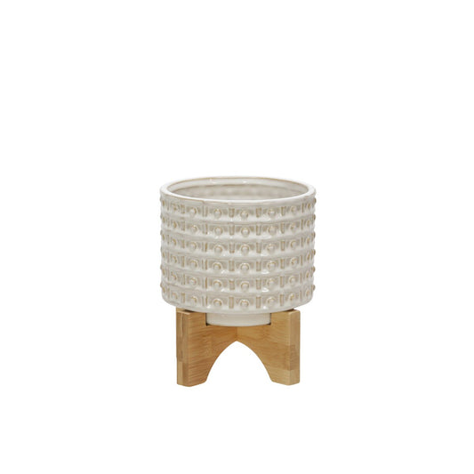 Ceramic 5" Dotted Planter W/wood Stand, Ivory