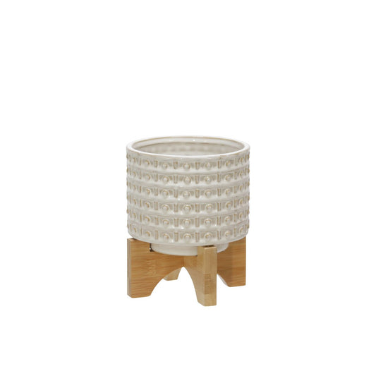 Ceramic 5" Dotted Planter W/wood Stand, Ivory