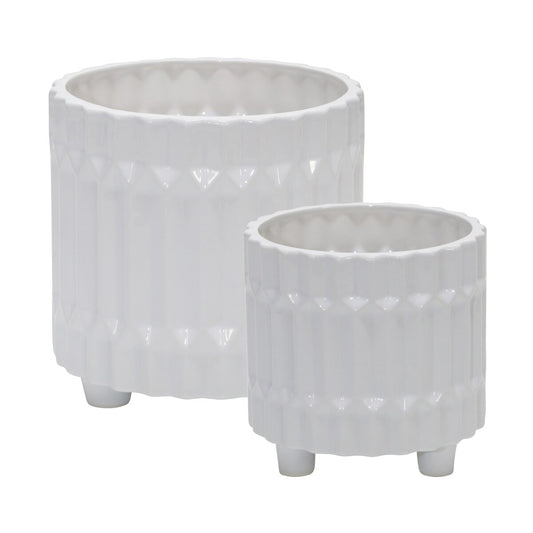 S/2 Ceramic Fluted Planter W/ Feet 6/8", White