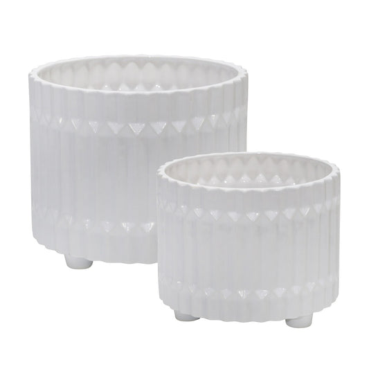 S/2 Ceramic Fluted Planter W/ Feet 10/12" , White