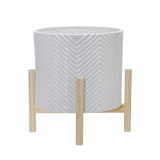 12" Ceramic Chevron Planter W/ Wood Stand, White