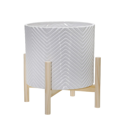 12" Ceramic Chevron Planter W/ Wood Stand, White