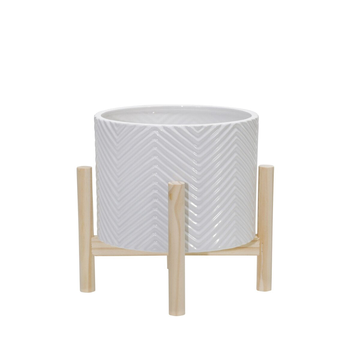 8" Ceramic Chevron Planter W/ Wood Stand, White