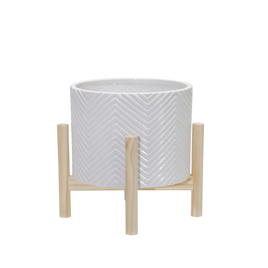 8" Ceramic Chevron Planter W/ Wood Stand, White