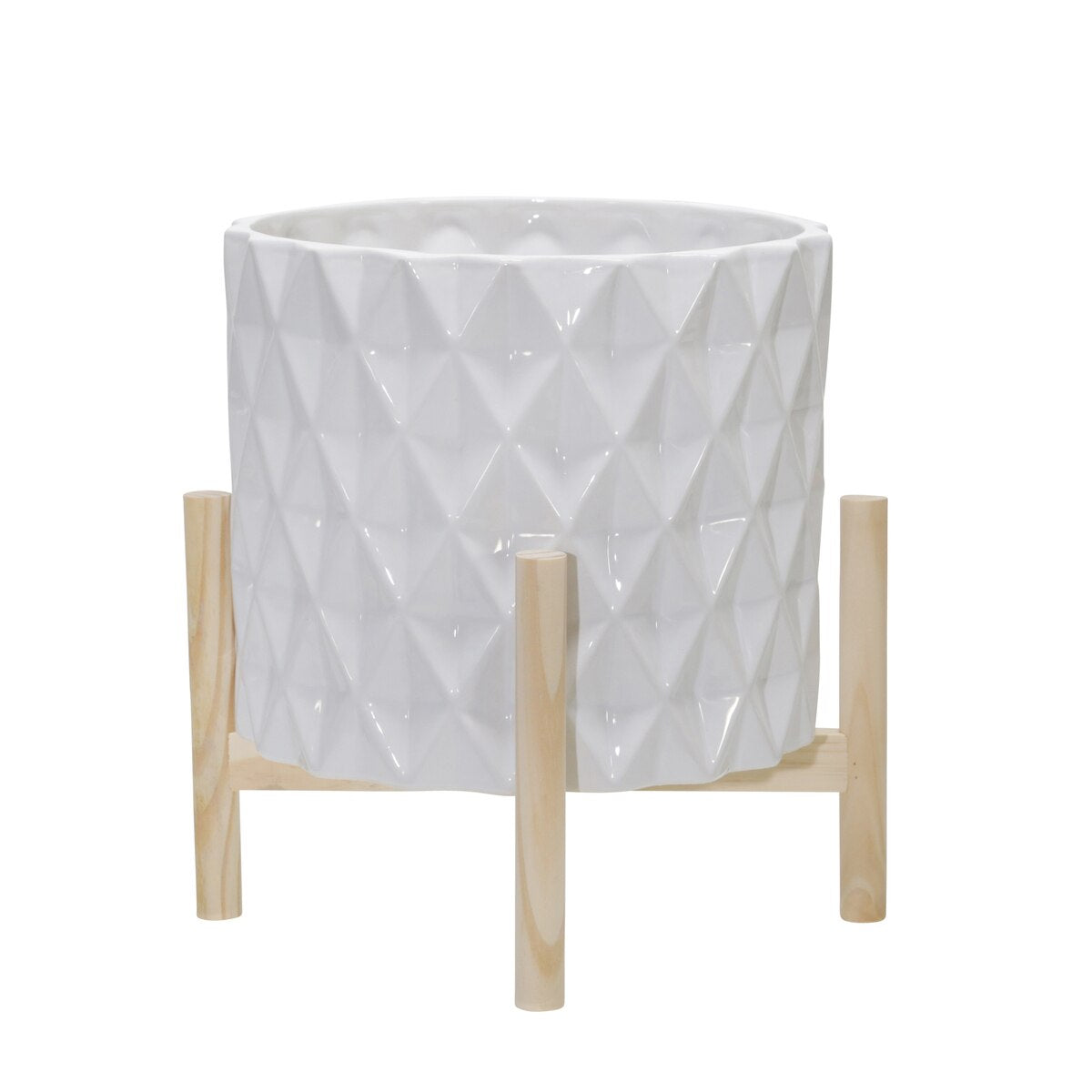 12" Ceramic Diamond Planter W/ Wood Stand, White