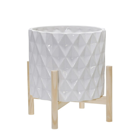 12" Ceramic Diamond Planter W/ Wood Stand, White