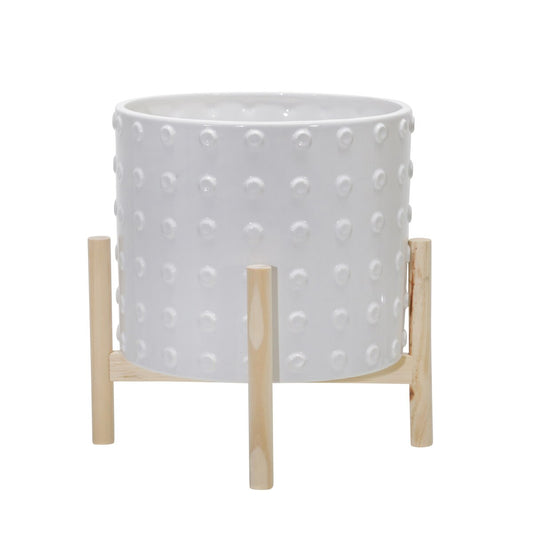 12" Ceramic Dotted Planter W/ Wood Stand, White