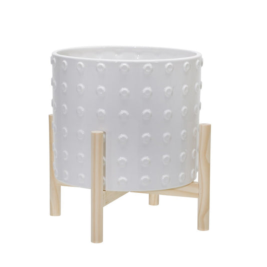 12" Ceramic Dotted Planter W/ Wood Stand, White