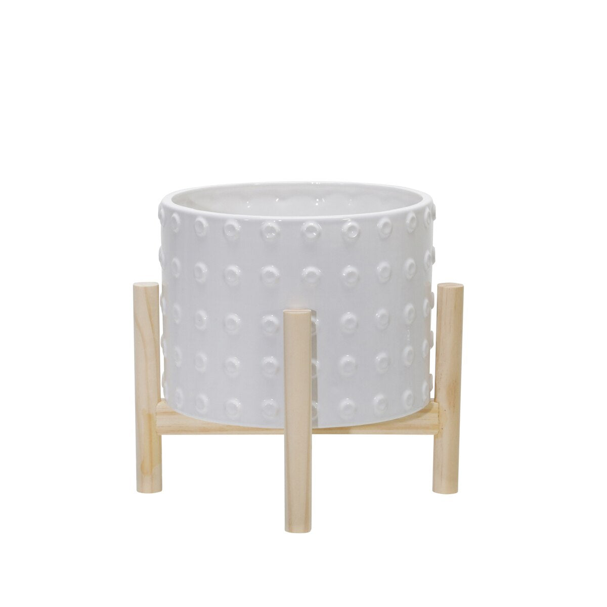 8" Ceramic Dotted Planter W/ Wood Stand, White