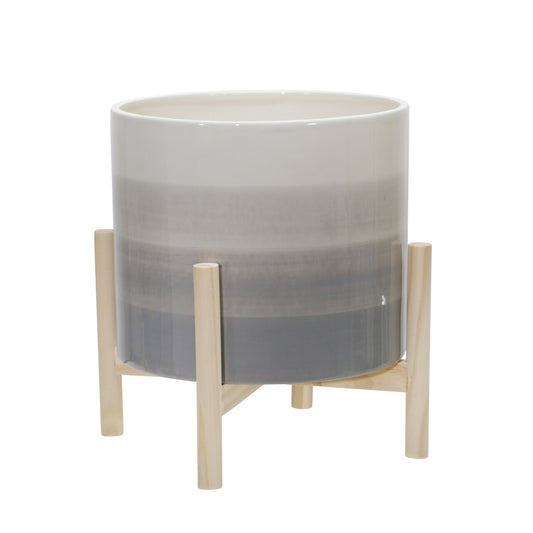 12" Ceramic Planter W/ Wood Stand, Beige Mix