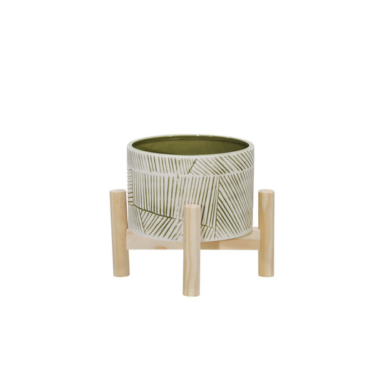 6" Ceramic Planter W/ Wood Stand, Green Mix