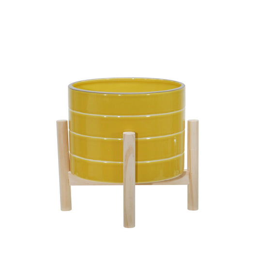 8" Ceramic Striped Planter W/ Wood Stand, Yellow