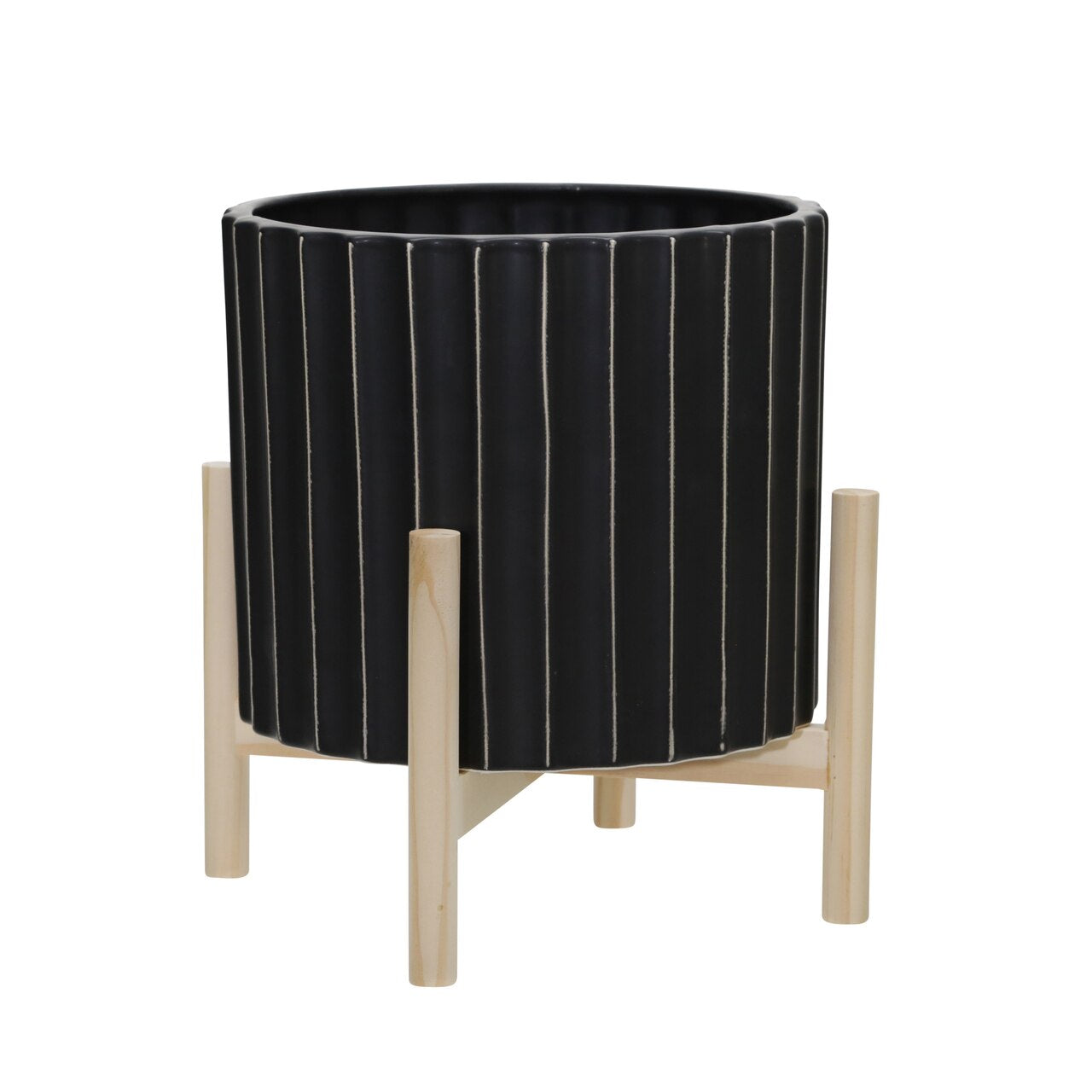 12" Ceramic Fluted Planter W/ Wood Stand, Black