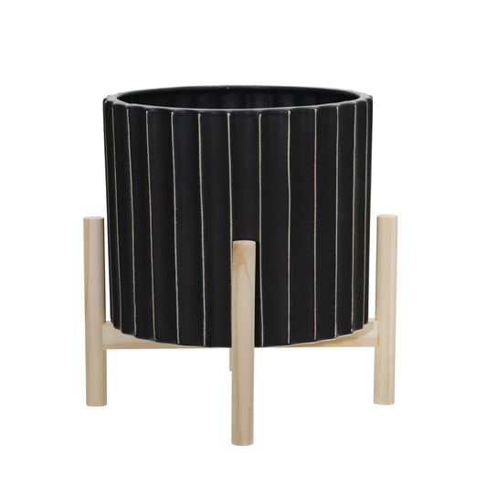 12" Ceramic Fluted Planter W/ Wood Stand, Black