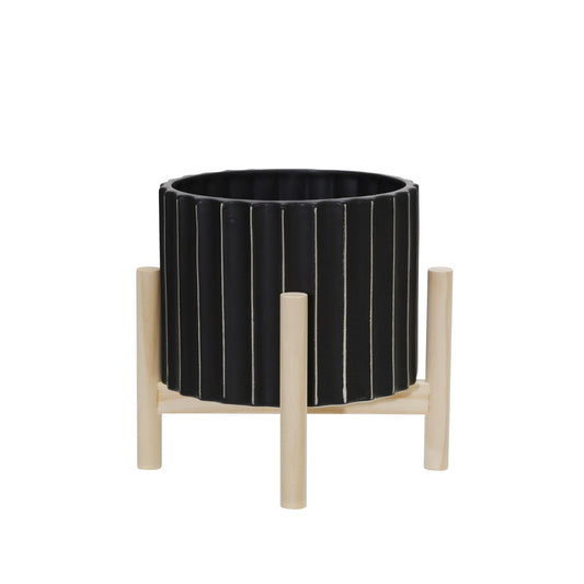 8" Ceramic Fluted Planter W/ Wood Stand, Black