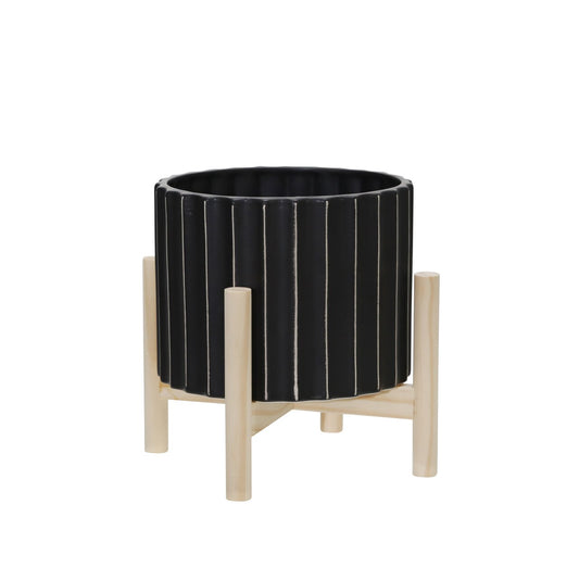 8" Ceramic Fluted Planter W/ Wood Stand, Black