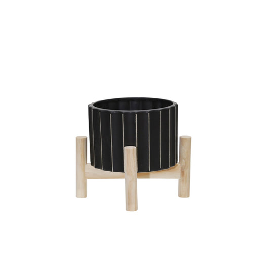 6" Ceramic Fluted Planter W/ Wood Stand, Black