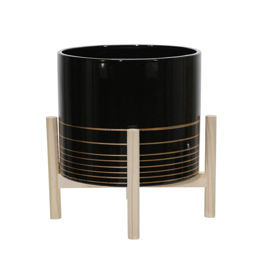 12" Ceramic Metallic Planter W/ Wood Stand, Black